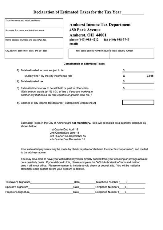 Declaration For Estimated Taxes Amherst Tax Department