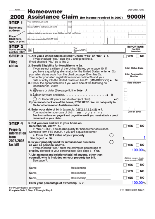 Fillable California Form 9000h Homeowner Assistance Claim 2008