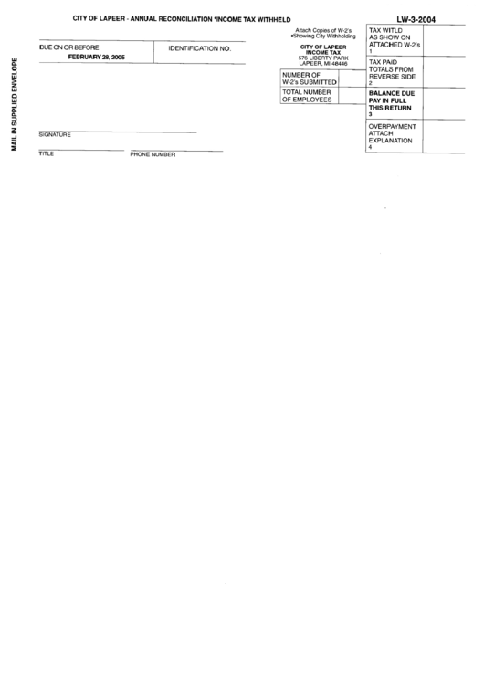 Form Lw32004 Annual Reconciliation Tax Withheld City Of