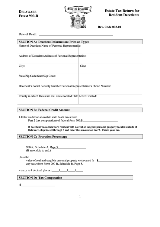 Delaware Form 900R Estate Tax Return For Resident Decedents