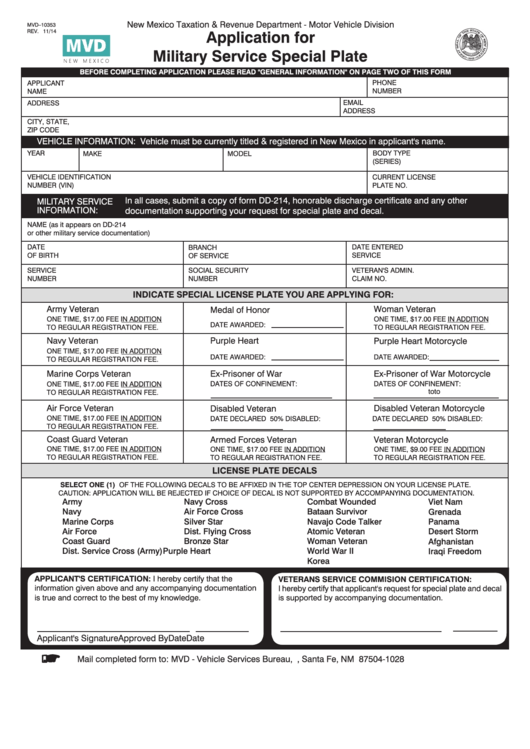 Fillable Form Mvd10353 Application For Military Service Special