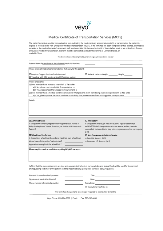 Fillable Medical Certificate Of Transportation Services (Mcts
