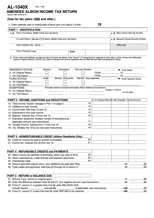Fillable Form Al1040x Amended Albion Tax Return 1996