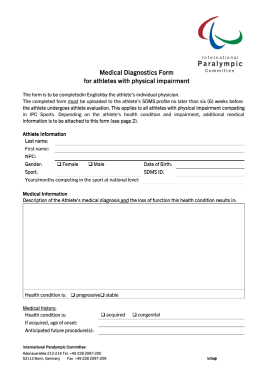 Fillable Medical Diagnostics Form For Athlets With Physical Impairment