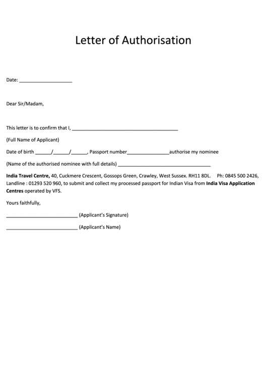 Fillable Letter Of Authorization Indian Visa Application printable