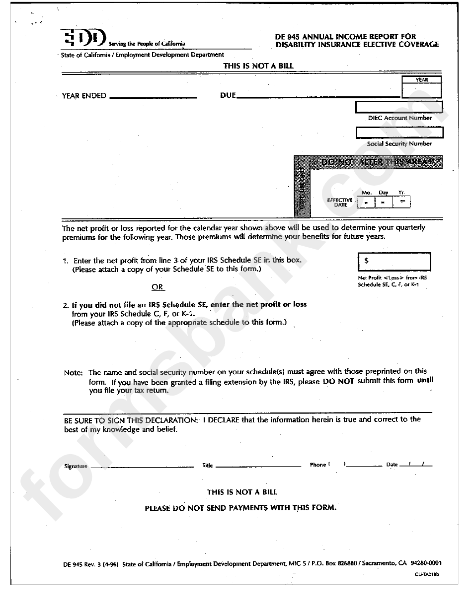 Form De 945 Annual Report For Disability Insurance Elective