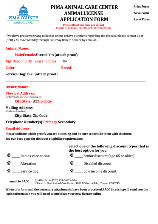 Fillable Animal License Application Form Pima Animal Care Center printable pdf download