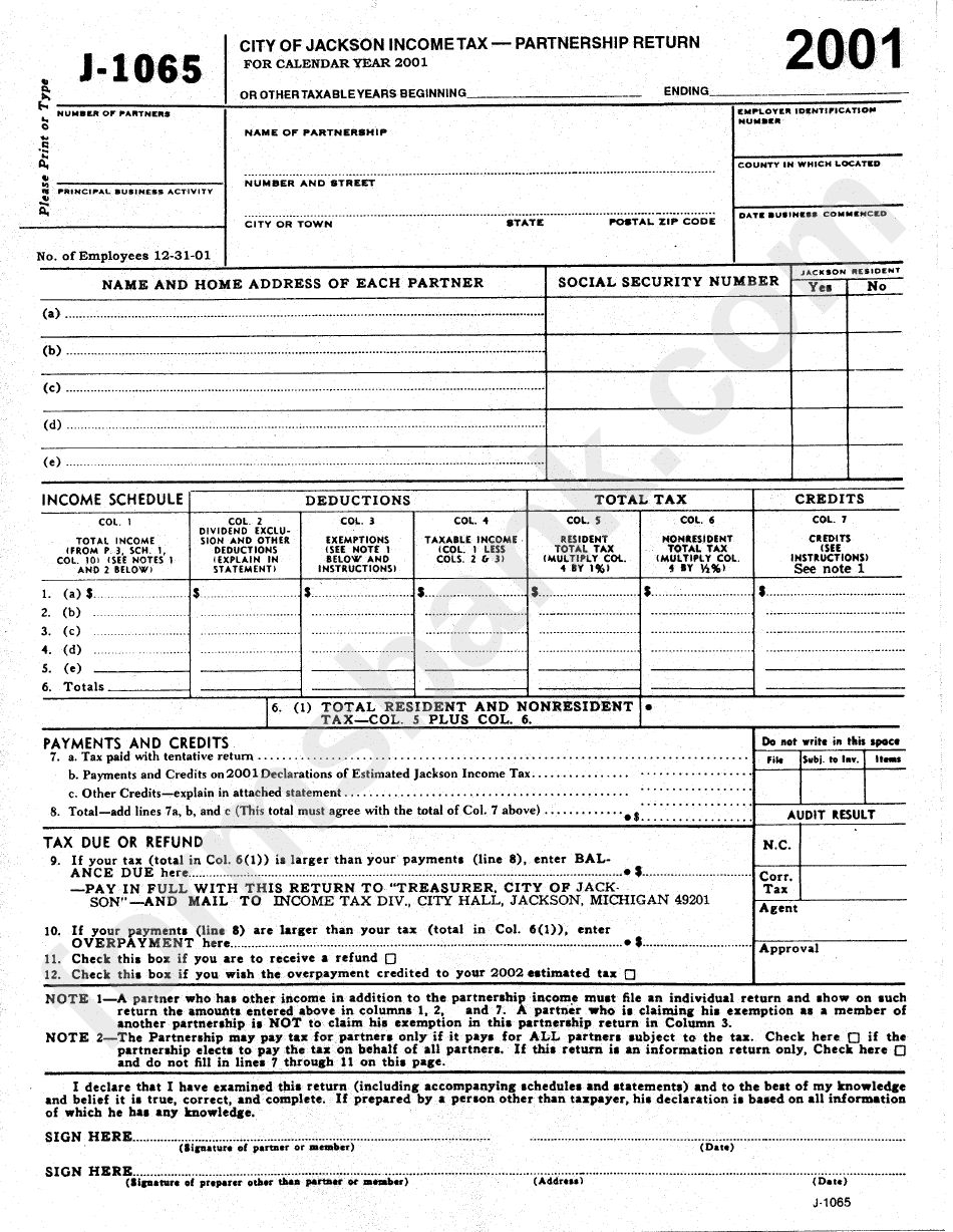 Form J1065 City Of Jackson Tax Partnership Return 2001