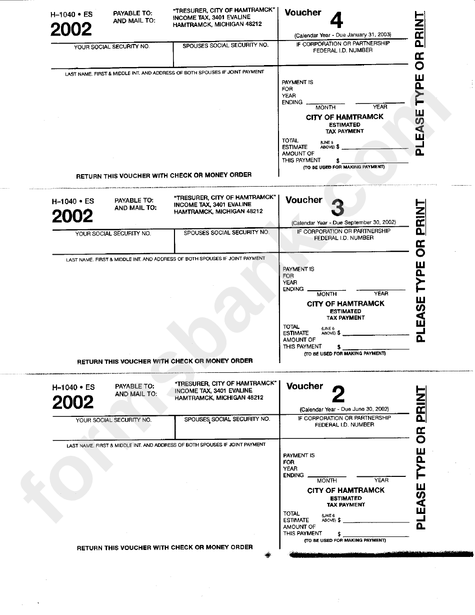 Fillable Form H1040 Estimated Tax Payment Voucher City Of