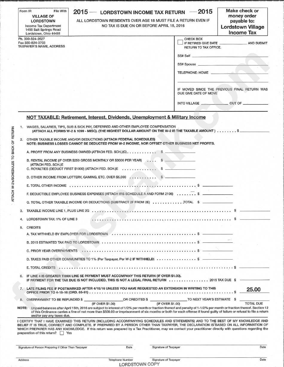 Form Ir Tax Return Village Of Lordstown 2015 printable pdf