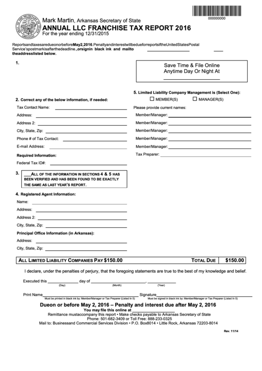 Fillable Annual Llc Franchise Tax Report Arkansas Secretary Of State