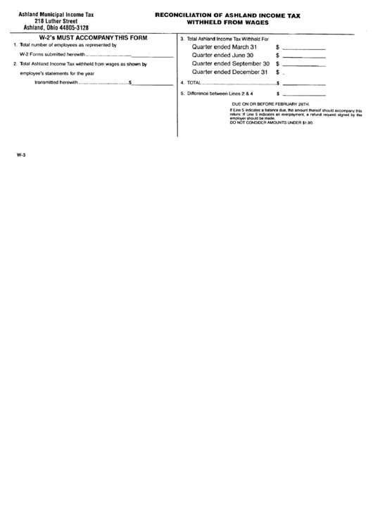 Form W3 Reconciliation Of Ashland Tax Withheld From Wages
