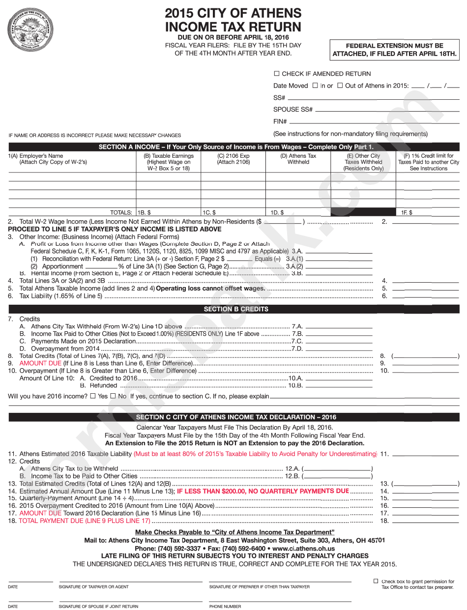 Tax Return City Of Athens 2015 printable pdf download