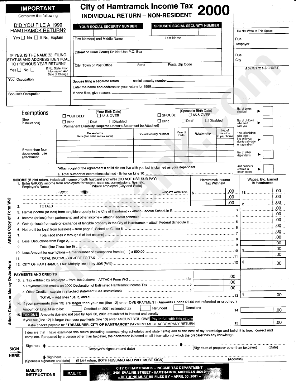 City Of Hamtramck Tax Form Individual ReturnNonResident