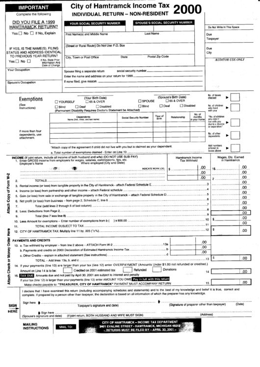 City Of Hamtramck Tax Form Individual ReturnNonResident