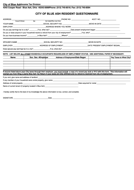Resident Questionnaire City Of Blue Ash printable pdf download