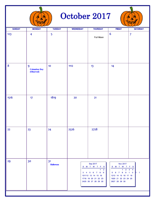 Holiday October 2017 Calendar Template printable pdf download