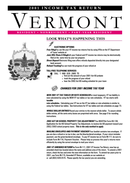 Vermont Tax Return 2001 printable pdf download