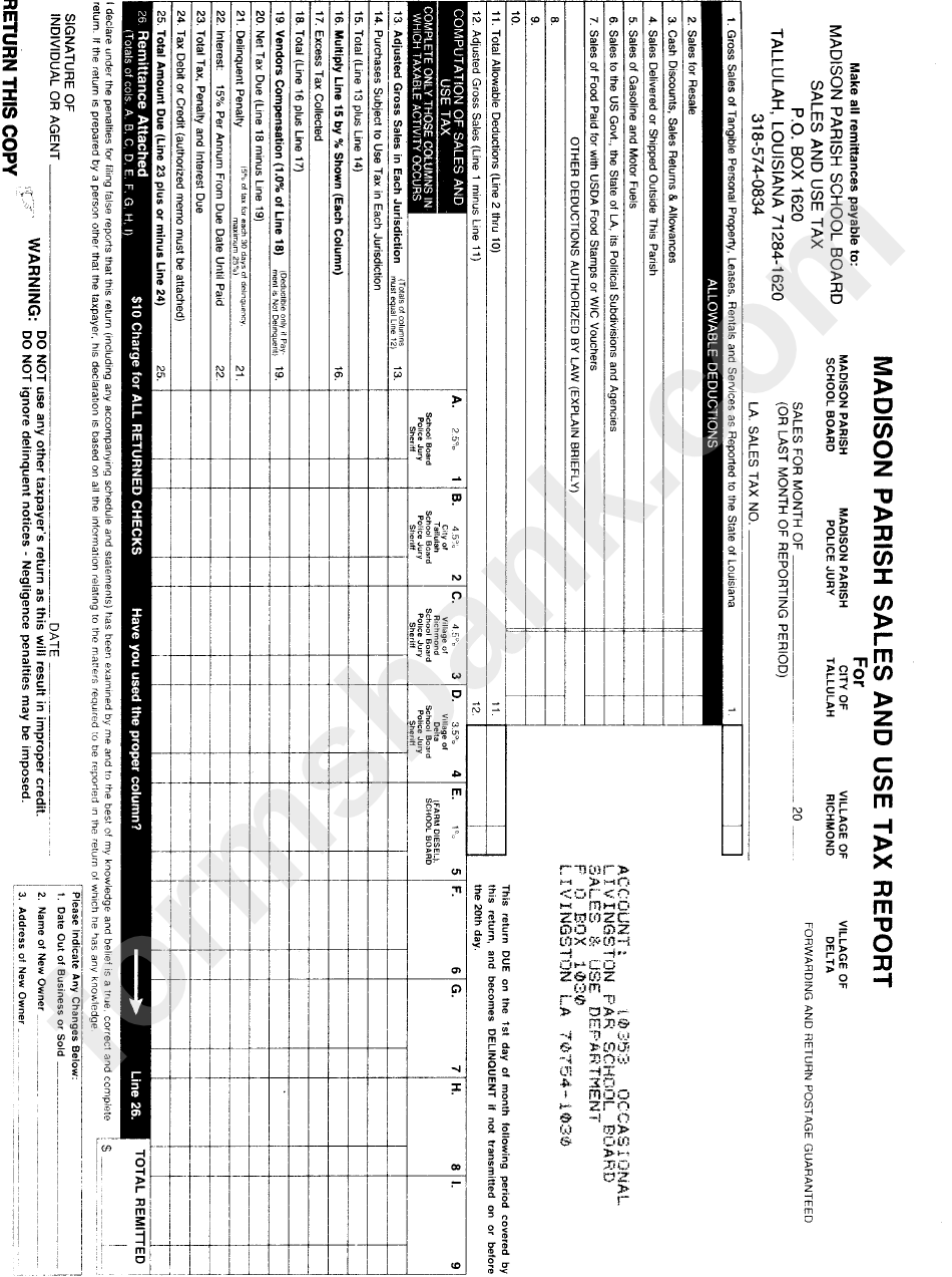 Madison Parish Sales And Use Tax Report printable pdf download