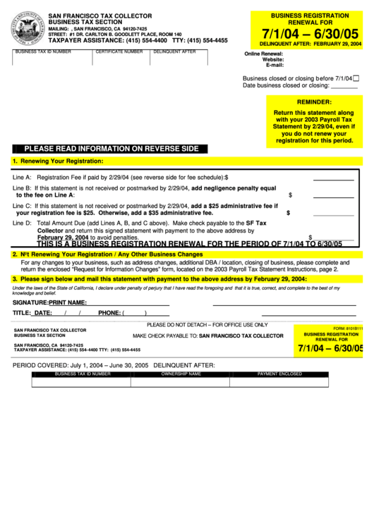 Business Registration Renewal San Francisco Tax Collector printable