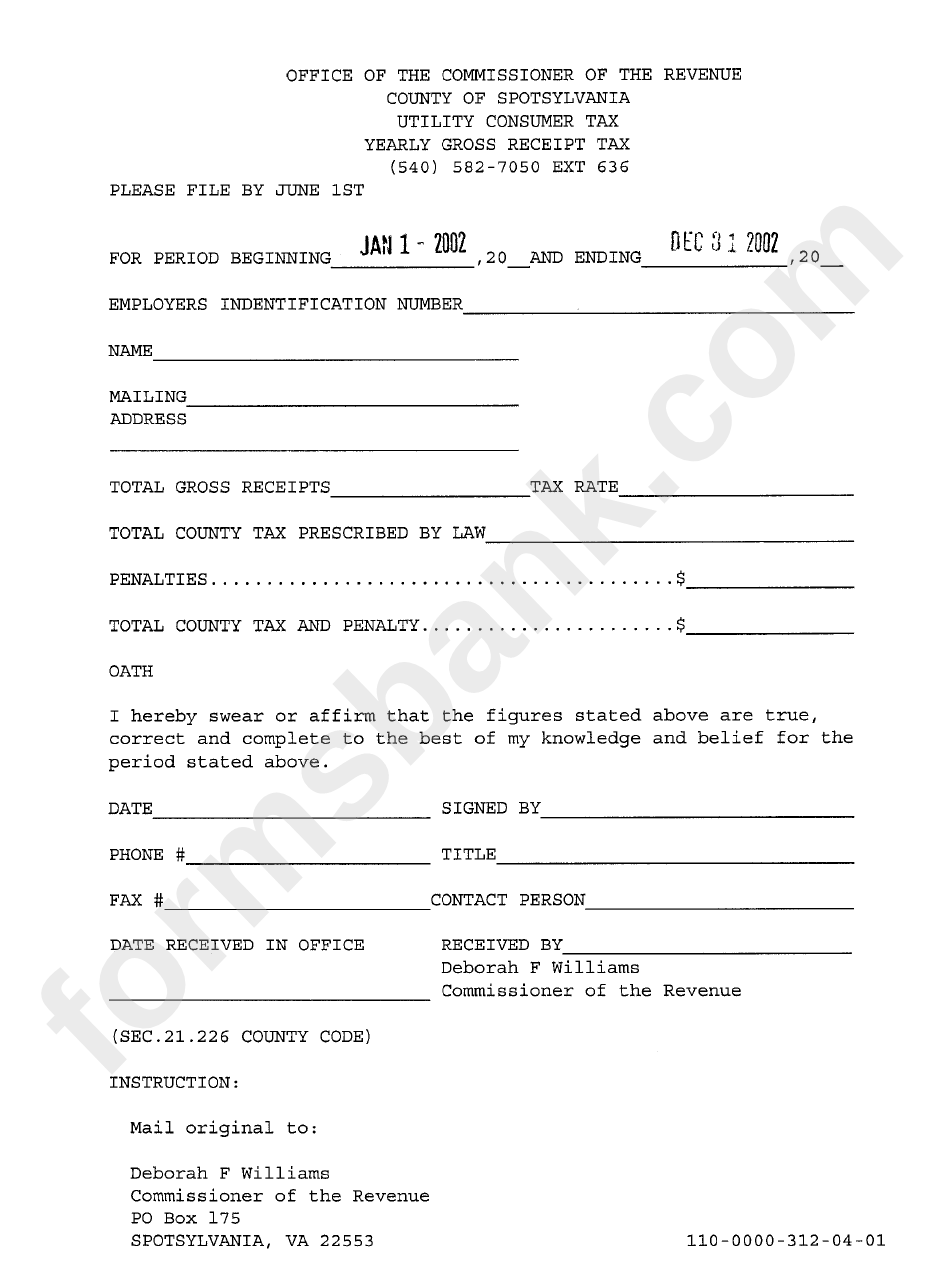 Yearly Gross Receipt Tax Country Of Spotsylvania 2002 printable pdf