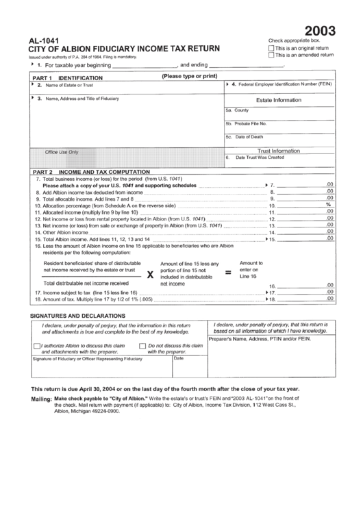Form Al1041 Fiduciary Tax Return City Of Albion 2003