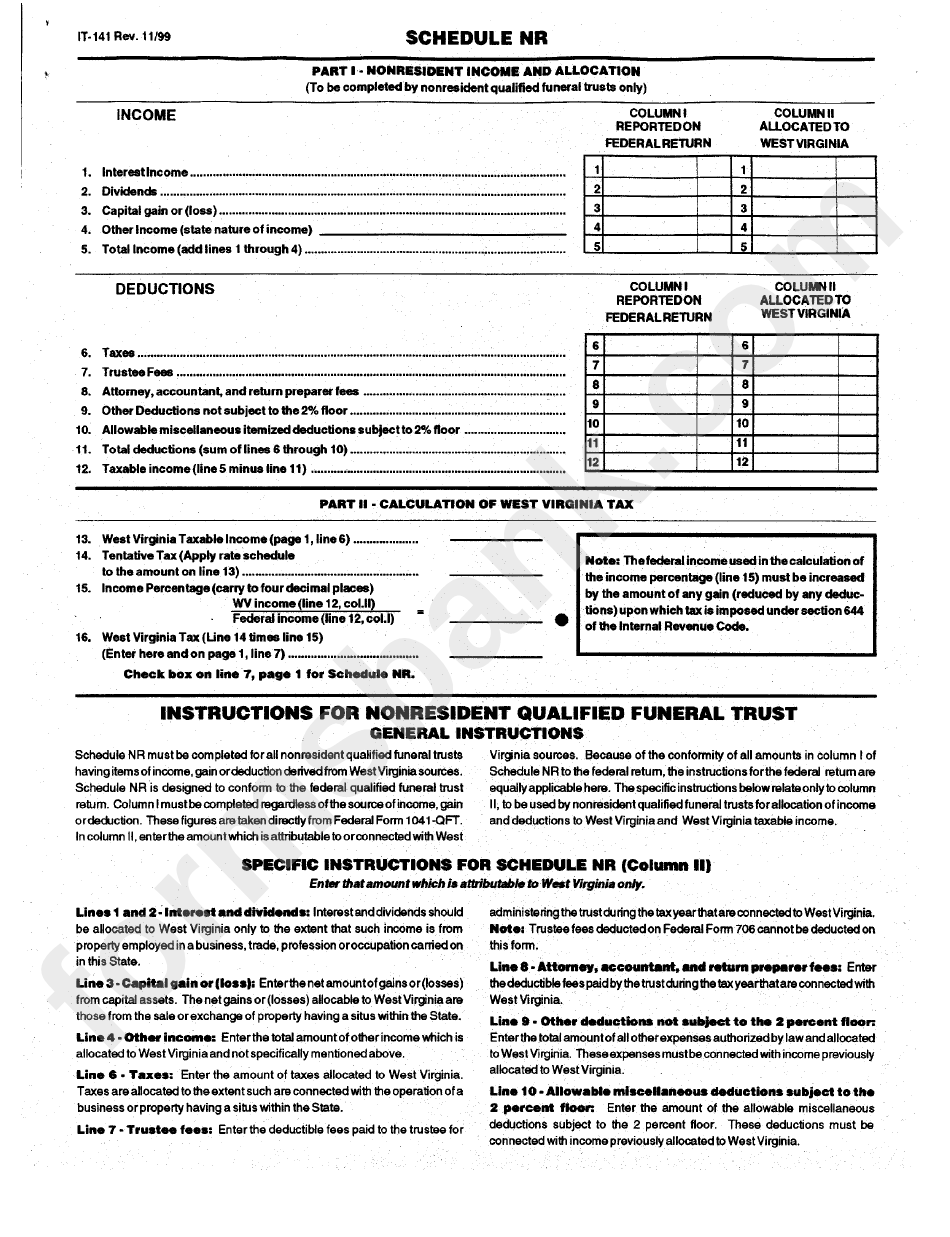 Form It141 Schedule Nr West Virginia Nonresident Qualified Funeral