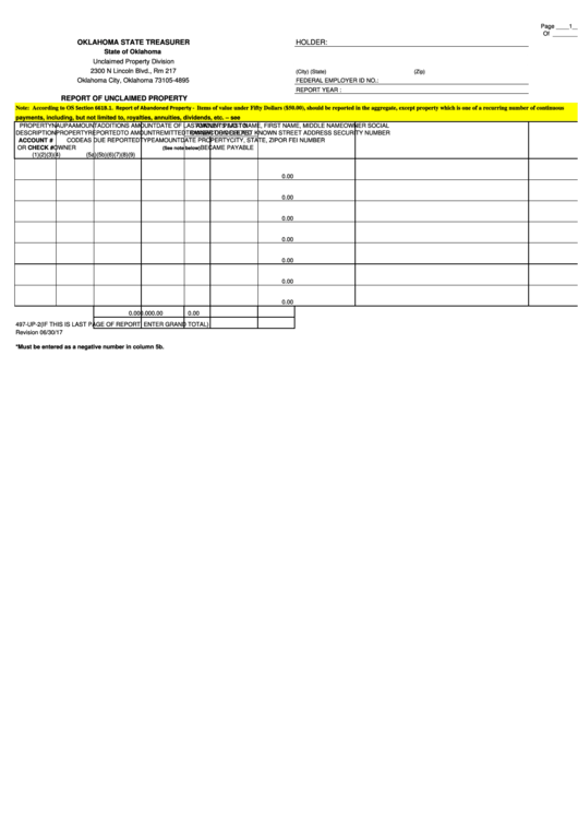 Form 497Up2 Report Of Unclaimed Property Oklahoma State Treasurer