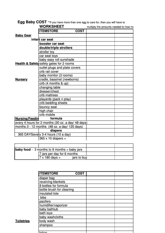 Egg Baby Cost Worksheet printable pdf download