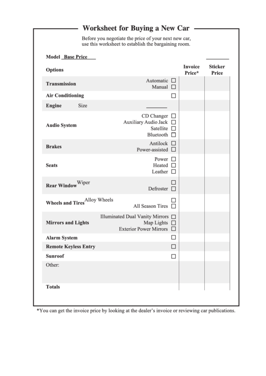 Worksheet For Buying A New Car printable pdf download