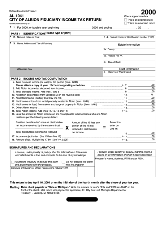 Form Al1041 City Of Albion Fiduciary Tax Return 2000