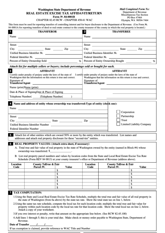 Fillable Form Rev 840001b Real Estate Excise Tax Affidavit/return