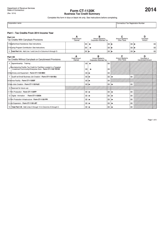 Fillable Form Ct1120k Business Tax Credit Summary 2014 printable