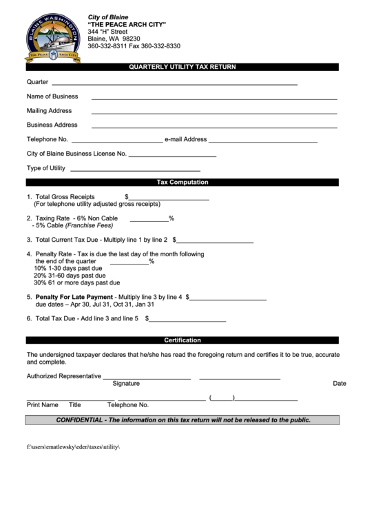 Quarterly Utility Tax Return City Of Blaine printable pdf download