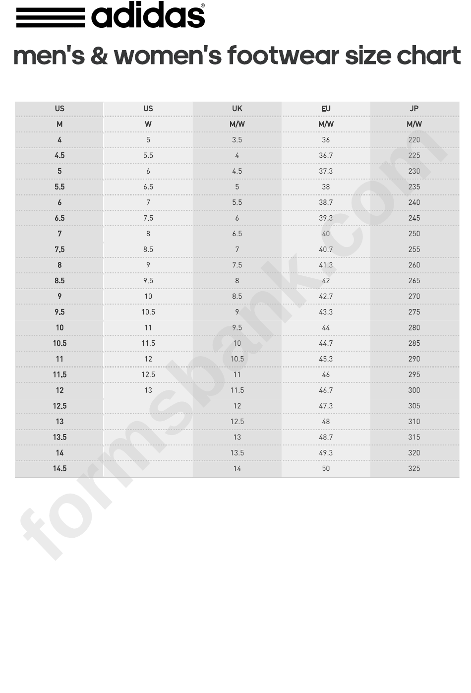 Adidas Footwear Size Chart printable pdf download