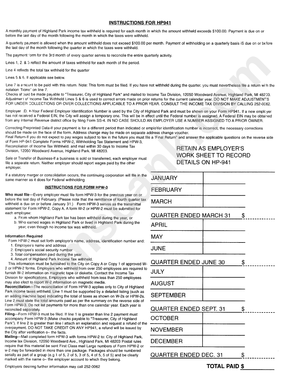 Instructions For Form Hp941 Highland Park Tax Withheld