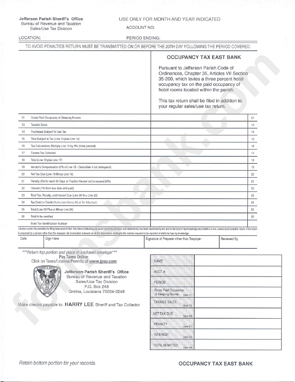 Occupancy Tax East Bank Jefferson Parish printable pdf download
