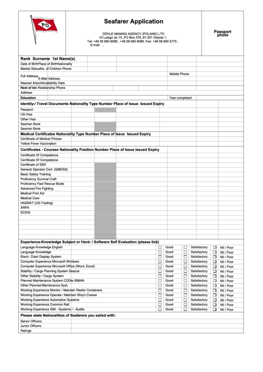 Fillable Seafarer Application Form printable pdf download
