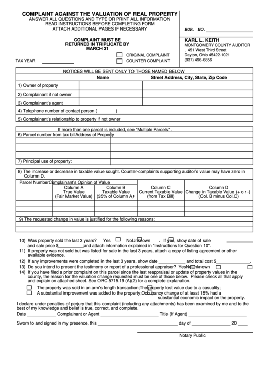 Complaint Against The Valuation Of Real Property Montgomery County