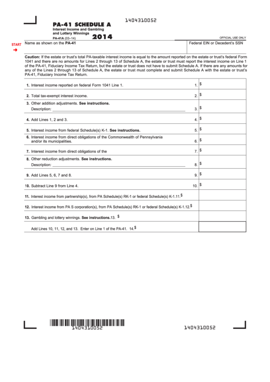 Fillable Form Pa41 Schedule A Interest And Gambling And