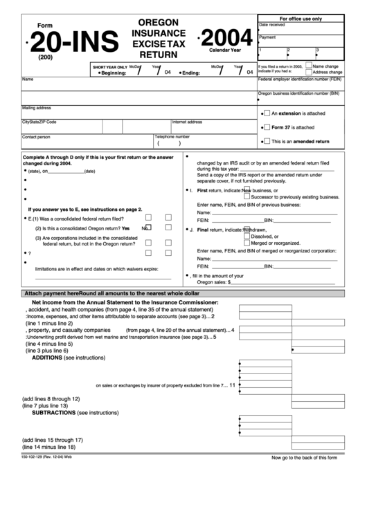 Fillable Form 20Ins Oregon Insurance Excise Tax Return 2004