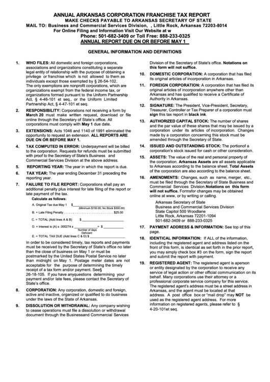 Annual Arkansas Corporation Franchise Tax Report Arkansas Secretary
