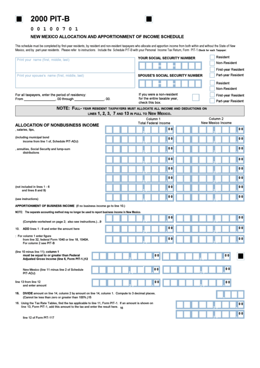Form PitB New Mexico Allocation And Apportionment Of Schedule 2000 printable pdf