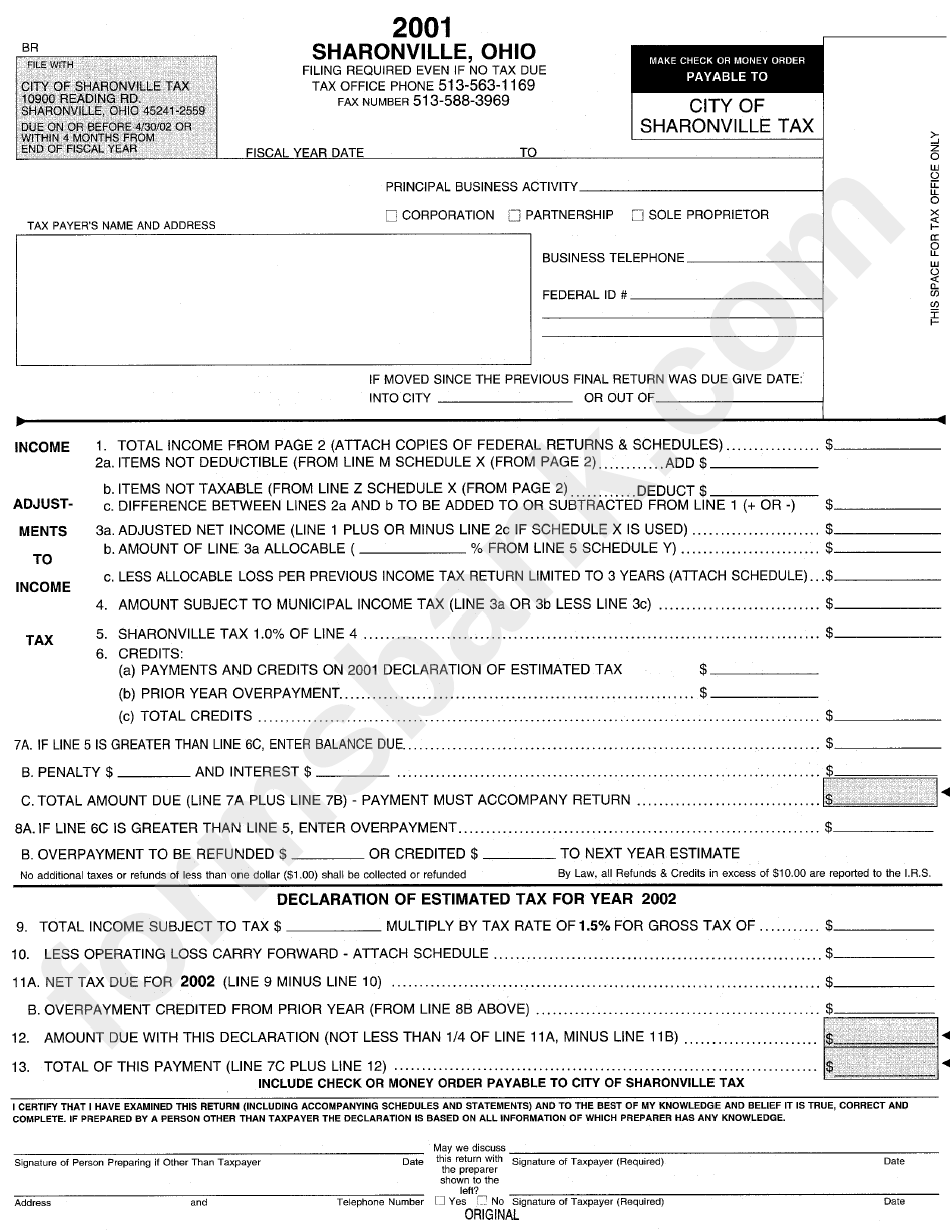 Form Br City Of Sharonville Tax 2001 printable pdf download