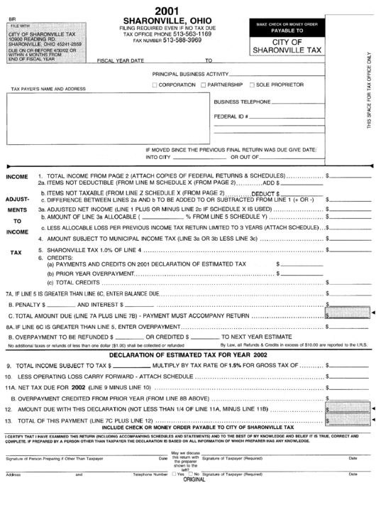 Form Br City Of Sharonville Tax 2001 printable pdf download