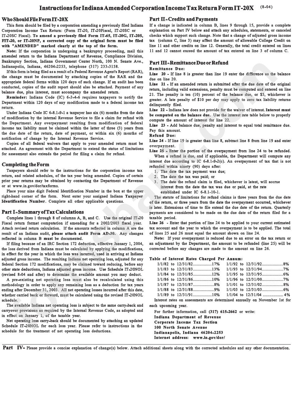 Form It20x Instructions Indiana Amended Corporation Tax