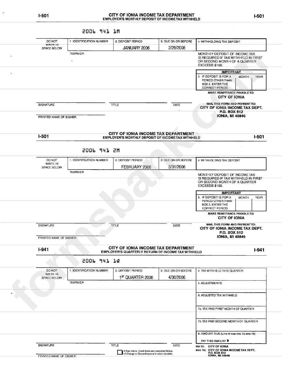 Form I501/941 Employer'S Monthly/quarterly Deposit Of Tax Withheld City Of Ionia
