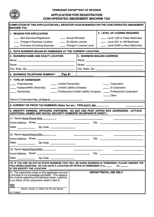 Form RvF1306201 Application For Registration For CoinOperated