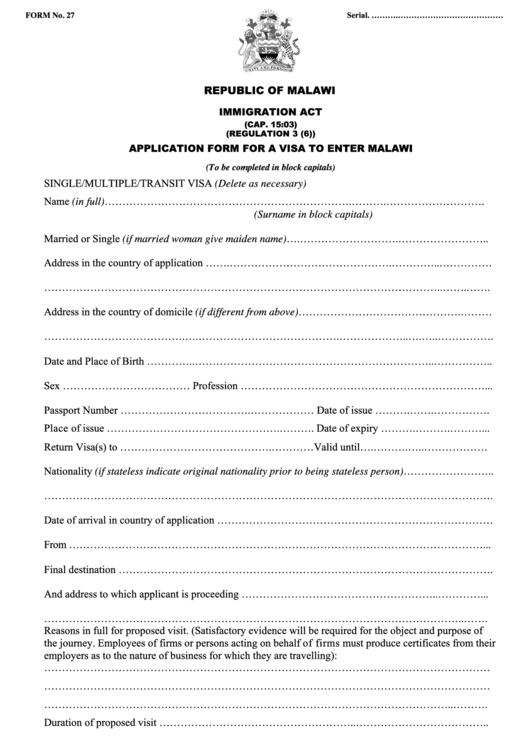 Fillable Form 27 Application Form For A Visa To Enter Malawi