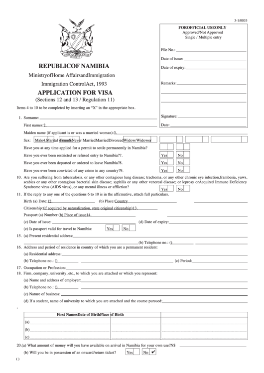 Application For Visa Republic Of Namibia printable pdf download